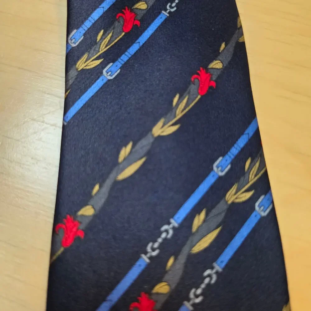 Lot of 2 Vintage 100% Italian Silk Ties Red Floral & Navy Blue Geometric Stripe
